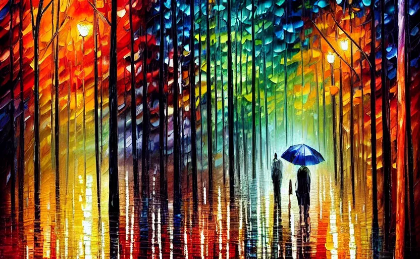 Image similar to walking through a gloomy forest in the rain at night by leonid afremov, oil painting!!!, intricate details!!!, fine brush!!!!!!