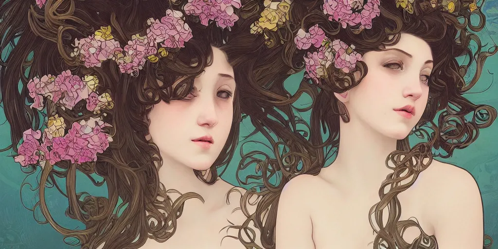 Prompt: a portrait of a very seductive young woman, hair full of gigantic flowers and octopus tentacles, photoillustration, realistic, closeup, facing the camera, dark, dramatic lighting, in the style of WLOP and Alphonse Mucha and Kim Deuk-sin