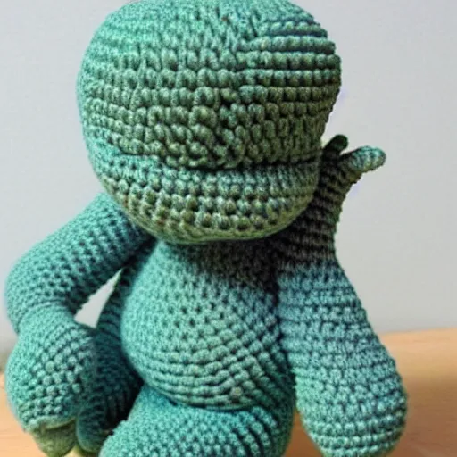 Prompt: amigurumi crocheted toy they looks like the statue the thinker by rodin, sitting on a wooden toy block