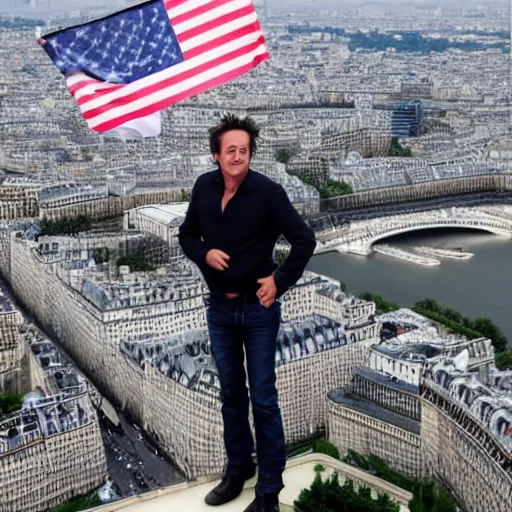 Prompt: Richard Hammond stands on the tip of the eiffel tower, proudly swining the american flag