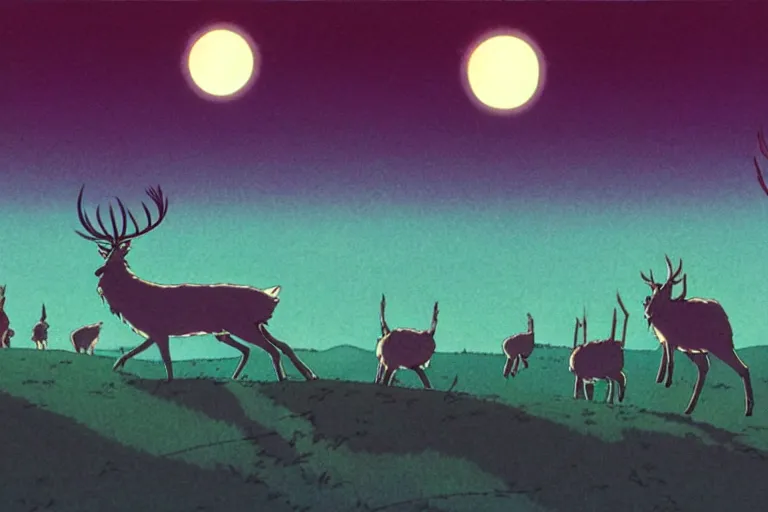 Prompt: a still from a studio ghibli film of a ufo beaming up a group of deer ufo from princess mononoke ( 2 0 0 4 ) at night on a desert road, full body, wide shot, very muted colors, post grunge, studio ghibli, laurie greasley, highly detailed, deviantart, art by artgem