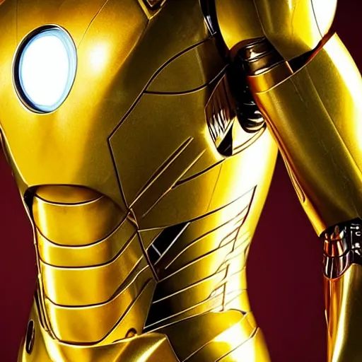 Image similar to a close up photo of a detailed golden statue of Iron Man, 8K,