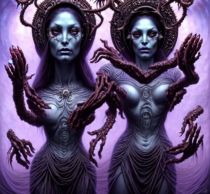 Image similar to A beautiful detailed alien goddess woman with 6 arms super dark tarot card, gorgeous model face by Stanley Artgerm, by tomasz alen kopera and Justin Gerard, 4 eyes, beautiful symmetrical features, ominous, magical realism, melting, texture, intricate, ornate, royally decorated, melting, whirling smoke, embers, purple adornments, blue torn fabric, radiant colors, fantasy, trending on artstation, volumetric lighting, micro details, 3d sculpture, ray tracing, 8k, anaglyph effect