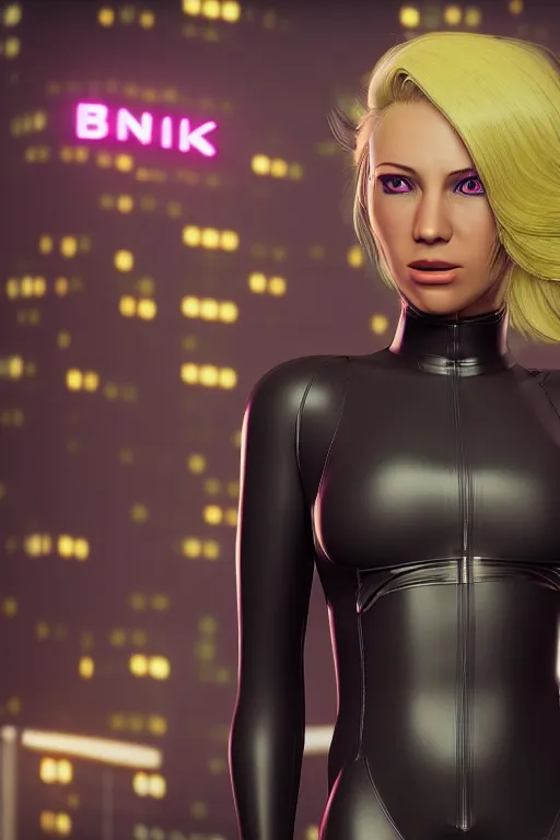 Image similar to blonde haired female lady wearing a catsuit looking at a bank in a cyberpunk city full of high rise buildings and neon signs 4k, very detailed faces, studio lightning, hard focus, beautiful volumetric lighting, epic light, ultra detailed by Leesha Hannigan, Ross Tran, Thierry Doizon, Kai Carpenter, Ignacio Fernández Ríos