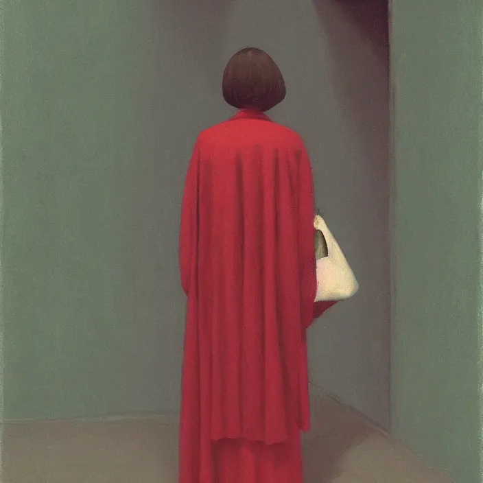 Image similar to woman in black robed, back to us, arms to the sides, dressed in red paper bags, holding stack of green paper bags, highly detailed, artstation, art by edward hopper, zdislav beksinski, wayne barlowe, edward hopper