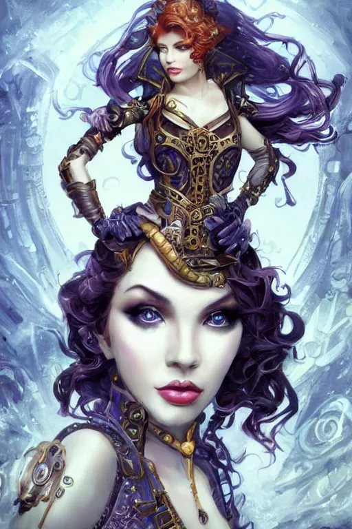 Image similar to three-quarters pose portrait of sensual Lady Mechanika, very beautiful young woman, ginger wavy hair, Intricate, steampunk imagery themed, D&D!, fantasy style, sharp focus!, ultra detailed, art by Artgerm and Peter Andrew Jones, WLUP