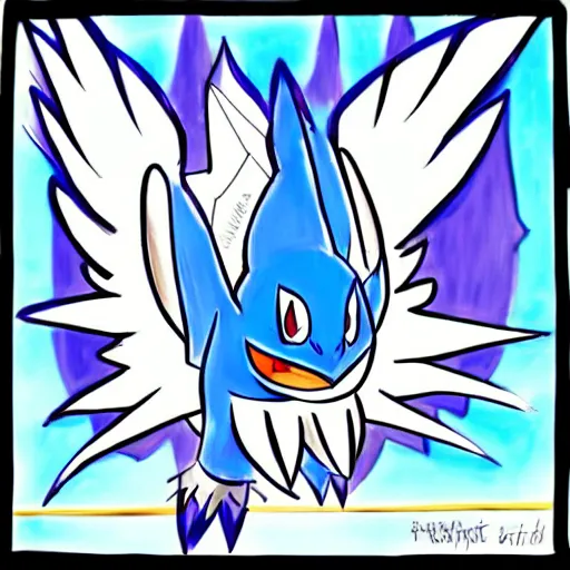 Prompt: articuno in a refrigerator, pokemon style drawing