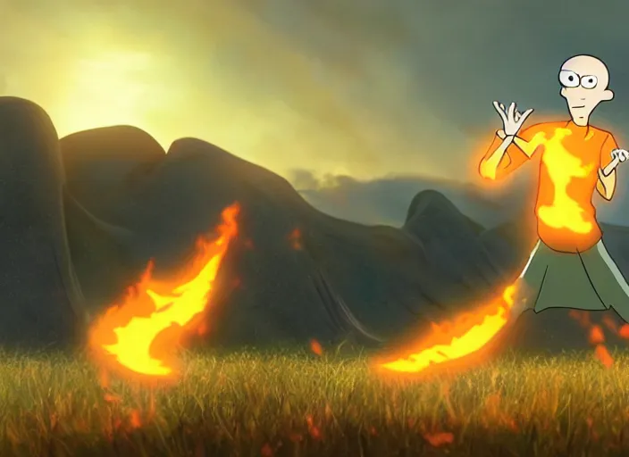 Image similar to squidward practicing firebending in an open field at susnset, screenshot from animated tv show'avatar : the last airbender'