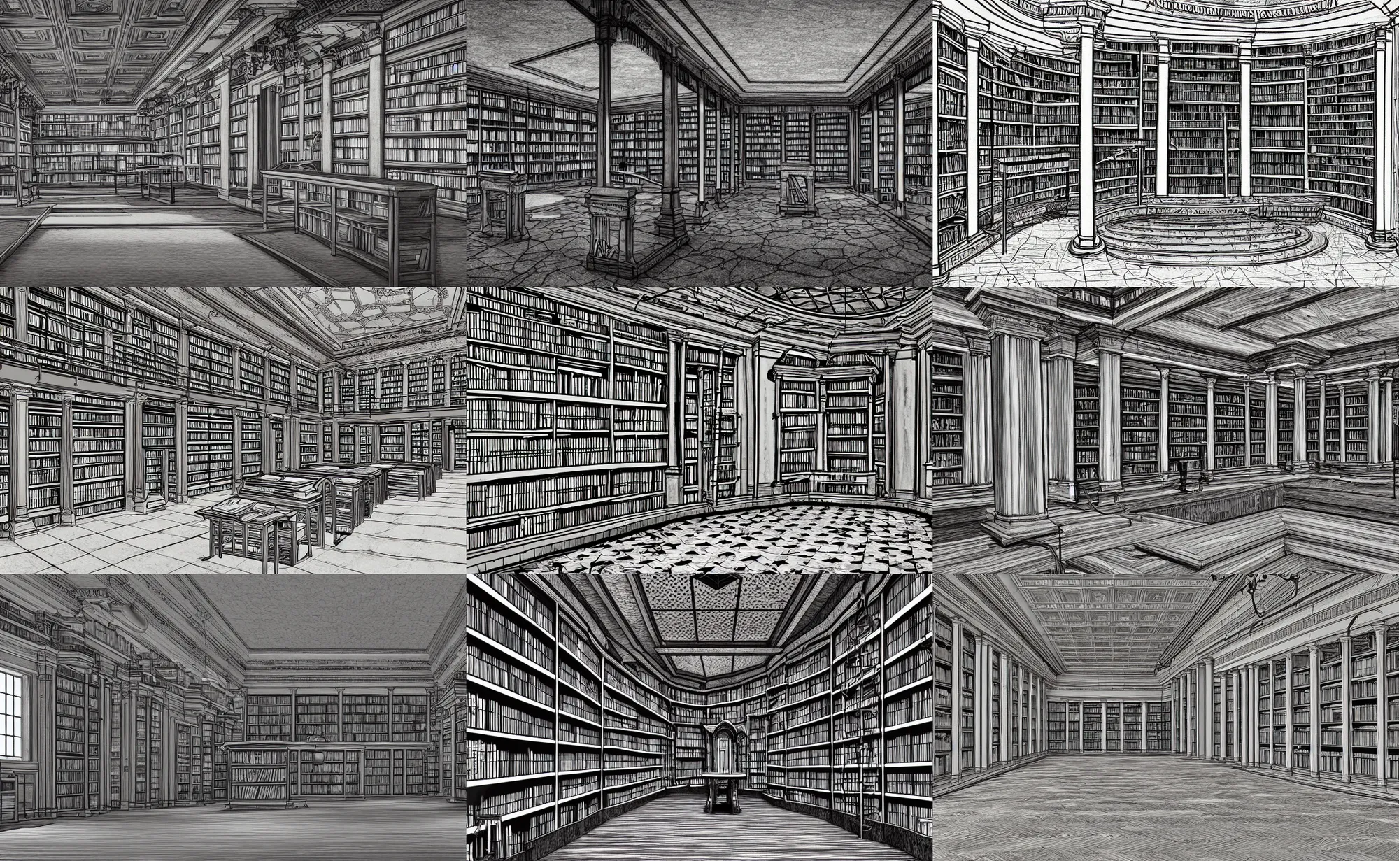 Prompt: Well-detailed abandoned library monochromatic rendering, vivid lines