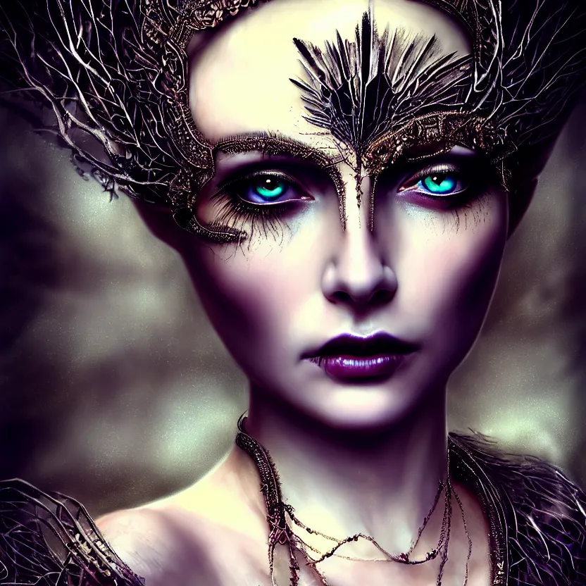 Image similar to mindblowing portrait of the enchantress queen, a stunning timeless beauty, breathtaking eyes, perfect skin, feathered eyelashes, royal gothic dress with a lot of leather, heavy silent hill aesthetic, incredibly intricate, digital art, blender, houdini & photoshop, very elegant & complex, hyper-maximalist, overdetailed, epic cinematic quality, biblical art lighting, photorealistic, lifelike, OLED, DSLR HDR 8k, face is the focus, facial feature symmetry, hyper composed, created by Nixeu & z--ed from deviantart