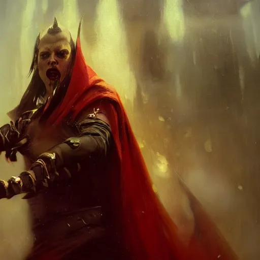 Prompt: an close up oil drawing of a vampire blood mage in style of warcraft, renaissance painting, art by anders zorn, wonderful masterpiece by greg rutkowski, expressive brush strokes, beautiful cinematic light, american romanticism by greg manchess, jessica rossier fantasy art, concept art, official art, hd mod