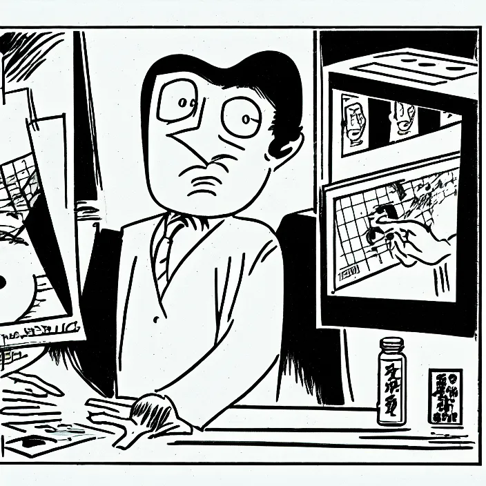 Image similar to a still frame from comic strip, artist at work 1 9 5 0, herluf bidstrup, new yorker illustration, monochrome contrast bw, lineart, manga, tadanori yokoo, simplified,