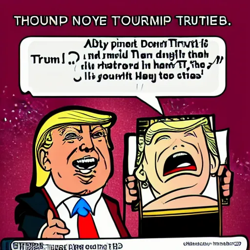 Image similar to tiny person is laughing and pointing at donald trump in a swimsuit. comic strip.