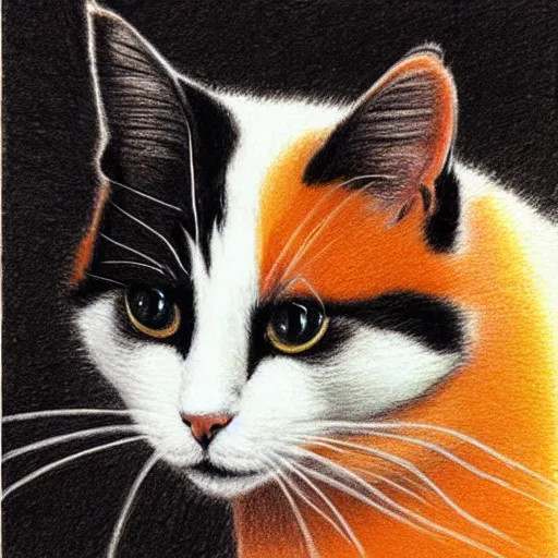 Image similar to a beautiful drawing of a calico cat, orange, black and white fur colors, by quint buchholz