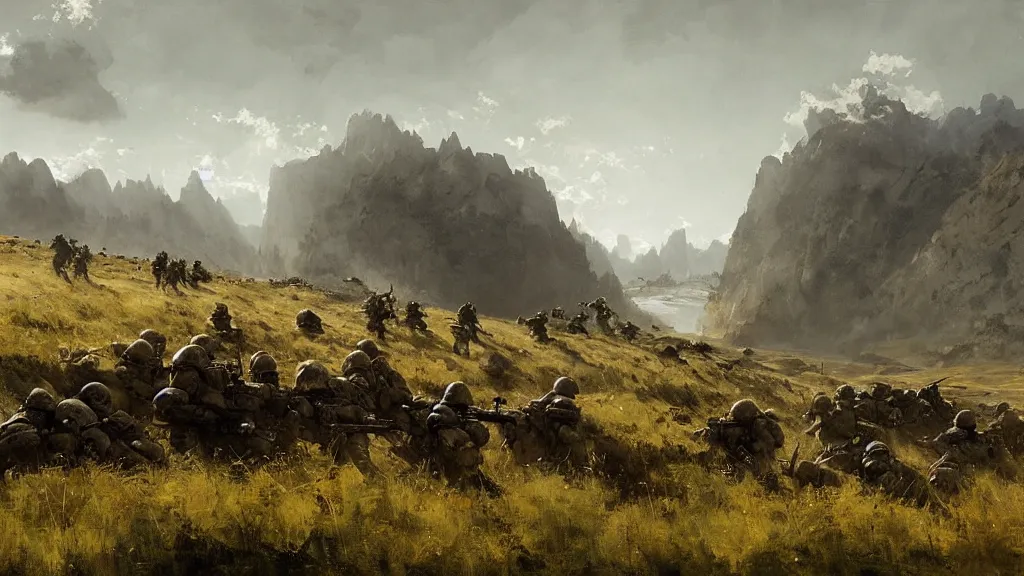 Image similar to a group of soliders in a stunning landscape by jakub rozalski