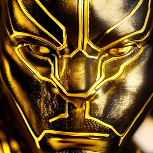 Image similar to a close up photo of a detailed golden statue of Black Panther, 8K,