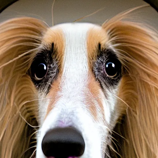 Prompt: fisheye lens photo of a borzoi face