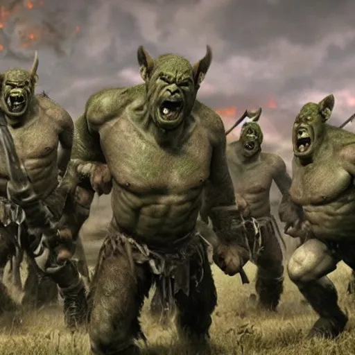 Image similar to an army of orcs on a battlefield, extremely realistic movie scene