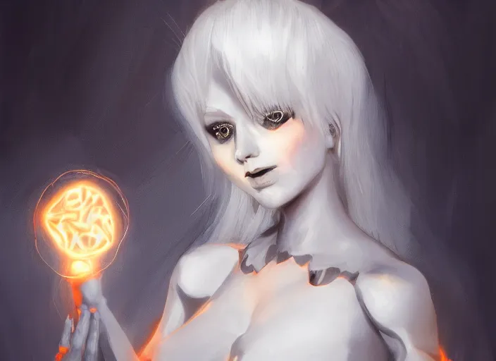 Prompt: mysterious fate girl with silk glowing white hair with glowing white stings coming out of her hands, she poses as a puppeteer with her hands infront of her concept art trending on artstation oilpaint portrait