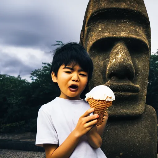 Image similar to a very upset and crying kid holding an ice cream cone with a small moai statue in the ice cream cone, 4 k photograph