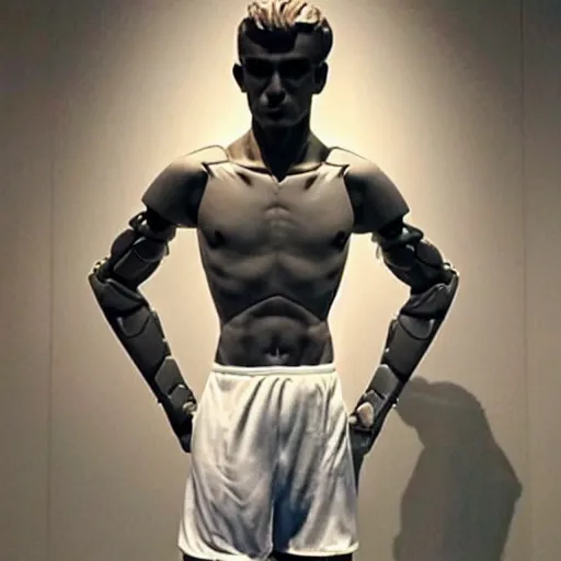 Image similar to “ a realistic detailed photo of a guy who is an attractive humanoid who is half robot and half humanoid, who is a male android, soccer player antoine griezmann, shiny skin, posing like a statue, blank stare, at the museum, on display ”