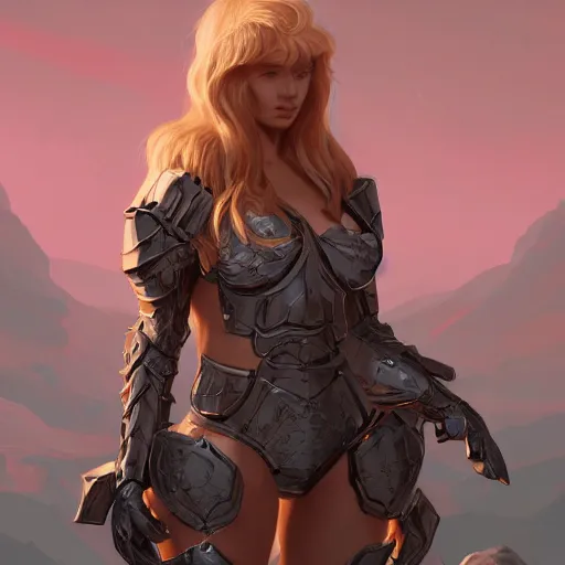 Image similar to full body portrait of a blonde female wearing bikini knight armor, an ultrafine hyperdetailed illustration by tooth wu and wlop and beeple and greg rutkowski, trending on artstation, highly detailed, 4 k, 8 k