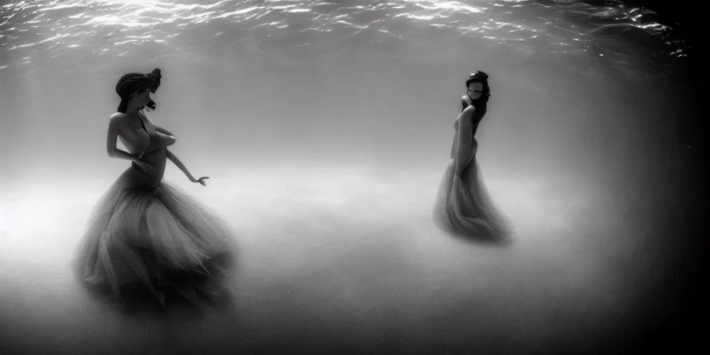 Image similar to deep underwater photography of beautiful model in flat dress in large underwater ballroom by emmanuel lubezki