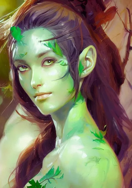 Image similar to greg manchess a realistic anime portrait of a beautiful dryad with glowing green eyes and tree bark skin wearing clothes made of leaves, anime, digital painting, by stanley artgerm lau, sakimichan, wlop and rossdraws, digtial painting, trending on artstation