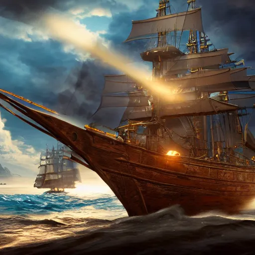 Image similar to ancient ship battle, highly detailed, photorealistic portrait, bright studio setting, studio lighting, crisp quality and light reflections, unreal engine 5 quality render