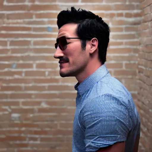 Image similar to a high quality photo of handsome markiplier, gigachad