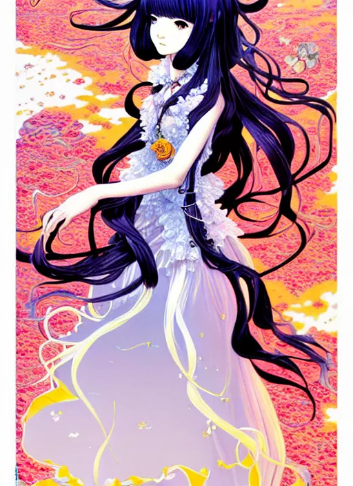 Image similar to exquisite imaginative fate manga poster design of princess, long wavy hair, rococo ruffles dress, fluorescent, illustration, artstation, dark fantastic, highly detailed, 8 k, maximalist, by shigenori soejima, minaba hideo, katsuhiro otomo, jump comics