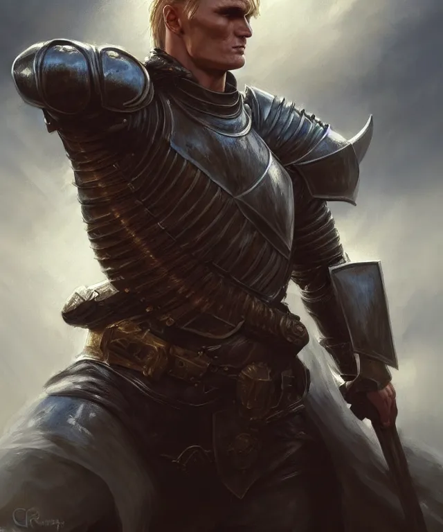 Image similar to a ( fantasy comic ) ( cover art ) portrait of a valiant knight who looks like ( young dolph lundgren ), oil painting by greg rutkowski and serhiy krykun and artgerm, photorealistic, d & d, highly detailed!, hd, 4 k, trending on artstation