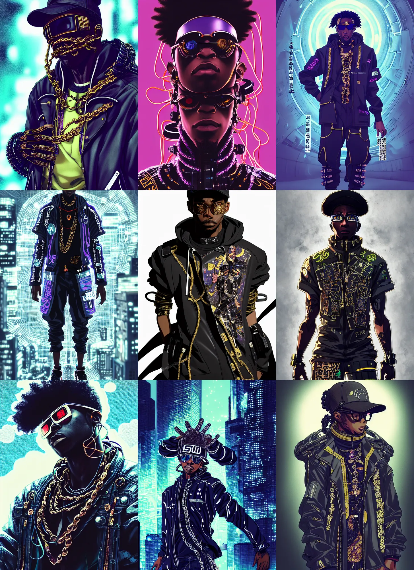 Prompt: by kyoto animation, very cool black man wearing cyberpunk intricate streetwear, beautiful, elite, vogue, detailed portrait, intricate complexity, in the style of kehinde wiley, jojo's bizarre adventure, steel ball run, cell shaded, 4 k, concept art, pixiv. cinematic dramatic atmosphere, sharp focus, volumetric lighting, cinematic lighting, studio quality