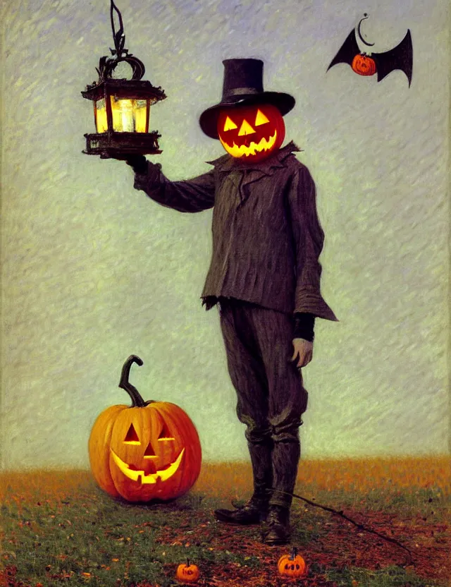 Prompt: a scarecrow with a jack - o - lantern head, holding a lantern, as a matte oil painting and d & d character art, by gustave caillebotte, standing, fullbody, flying bats, loose pages, concept art, award - winning, extremely detailed, sharp focus