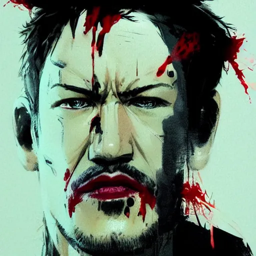 Image similar to portrait of markiplier with an angry expression, blood covering his face, wearing a leather jacket, dramatic lighting, illustration by Greg rutkowski, yoji shinkawa, 4k, digital art, concept art, trending on artstation