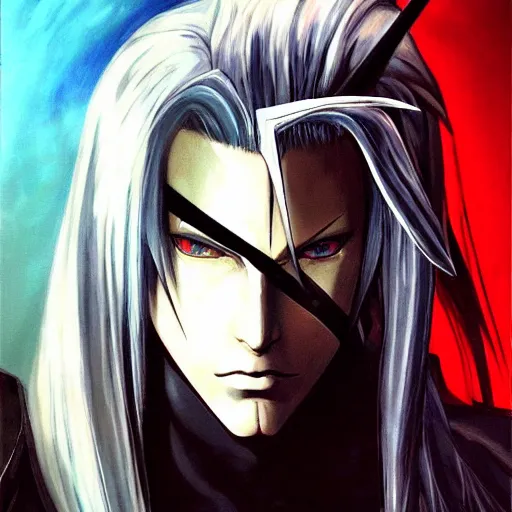 Image similar to a beautiful painting of sephiroth by yoji shinkawa, metal gear solid, strong lines and bold colors, limited color palette, atmosphere and tension, japanese, trending on artstation