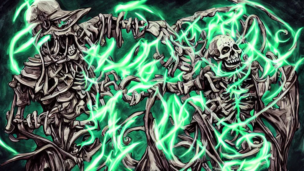 Prompt: an artwork of a skeleton overlord magician casting a spell with green ornaments, Overlord anime style