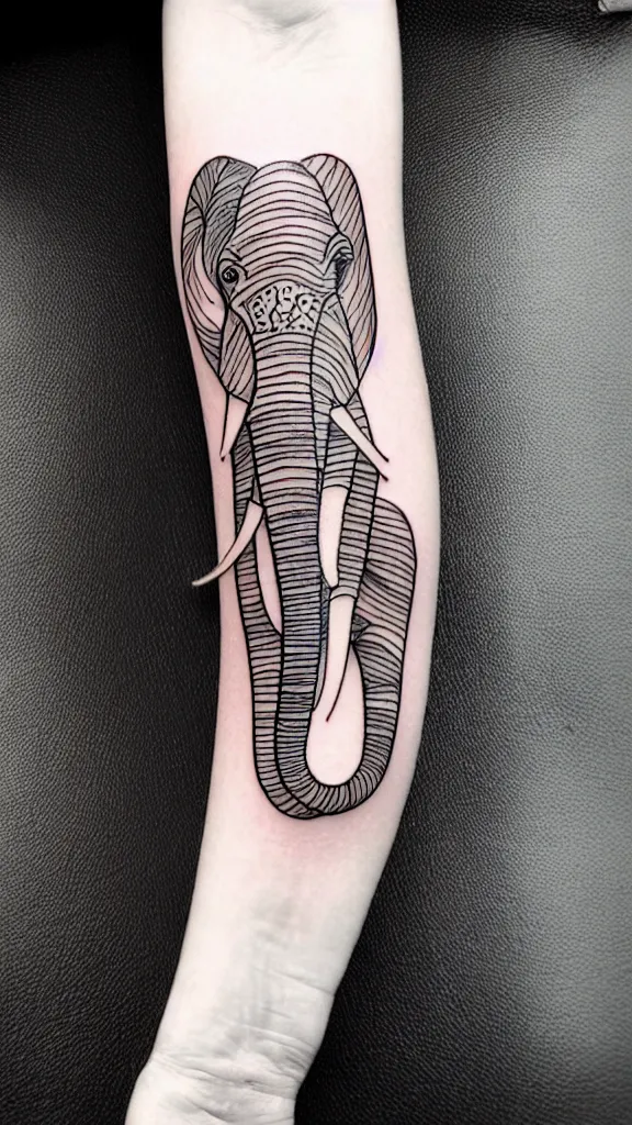 Prompt: small fine line art tattoo of a stylized elephant with abstract geometric patterns surrounding it, fine line tattoo, highly detailed, hd