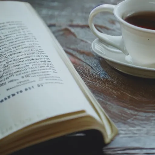 Image similar to film still of a rainy day with a book and a cup of tea