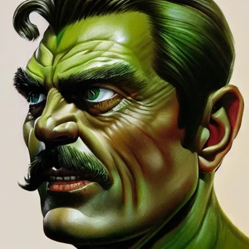 Image similar to ultra realistic head and shoulders portrait painting of tom selleck as green goblin, art by frank frazetta, 4 k, ultra realistic, highly detailed, epic lighting