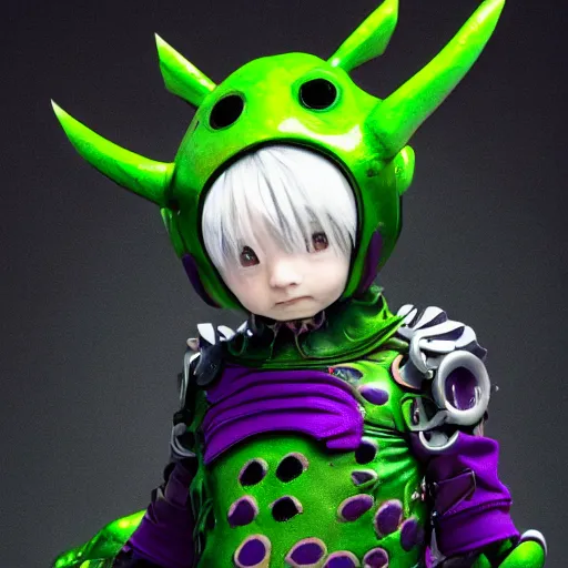 Prompt: little boy wearing an cyborg frog suit, artwork in kentaro miura and made in abyss, smooth, purple and green gamma, studio lighting, beautiful lightness, anatomically correct, trending on pixiv