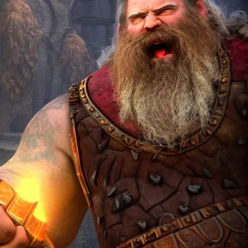 Image similar to dwarven smith gets serious and wields his hammer with two hands and rushes forward, screaming, fantasy, warrior, 8 k, cinematic, highly detailed, ultra realistic, power slide