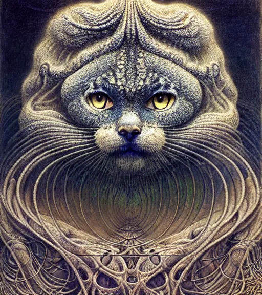 Image similar to detailed realistic beautiful manul goddess face portrait by jean delville, gustave dore, iris van herpen and marco mazzoni, art forms of nature by ernst haeckel, art nouveau, symbolist, visionary, gothic, neo - gothic, pre - raphaelite, fractal lace, intricate alien botanicals, ai biodiversity, surreality, hyperdetailed ultrasharp octane render