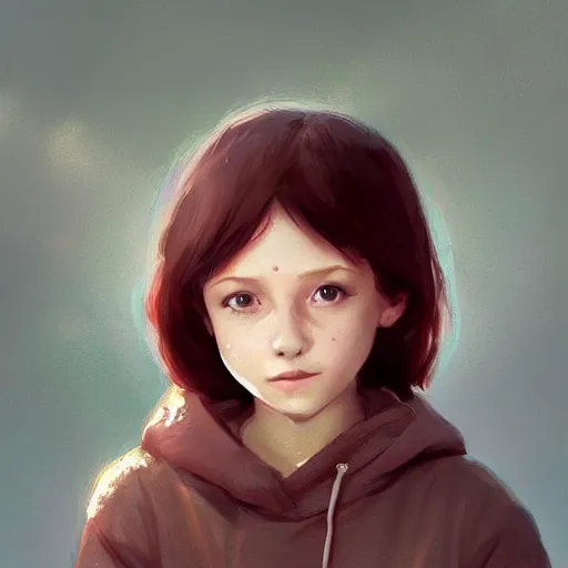 Image similar to a cute tiny girl with short red hair wearing a hoodie, digital art, very beautiful face, pretty face, very detailed eyes, full body illustration, 8 k resolution, soft painting, by greg rutkowski, wlop, rossdraws,