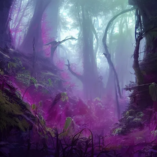 Image similar to concept art painting of a mystical alien fantasy forest, with fog and strange colorful plants, realistic, detailed, cel shaded, magenta and blue and green, in the style of makoto shinkai and greg rutkowski and james gurney