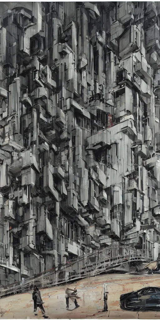 Image similar to oil painting scene from brutalism architecture art by kim jung gi