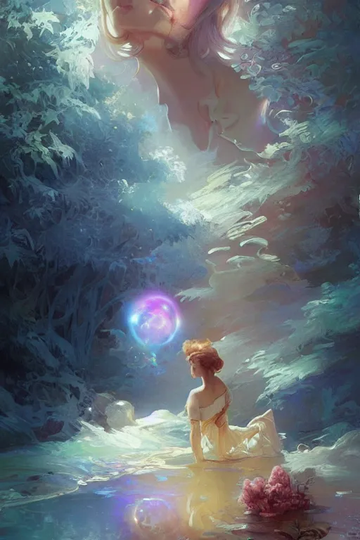 Image similar to bob ross, dreamy and ethereal,, fantasy, intricate, elegant, rainbow bubbles, highly detailed, digital painting, artstation, concept art, smooth, sharp focus, illustration, art by artgerm and greg rutkowski and alphonse mucha