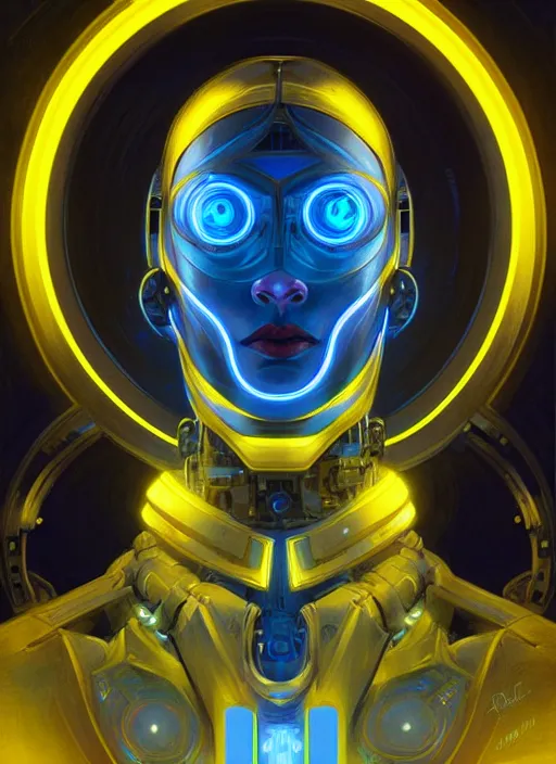 Image similar to symmetry!! portrait of robot, sci - fi, tech wear, blue and yellow glowing lights!! intricate, elegant, highly detailed, digital painting, artstation, concept art, smooth, sharp focus, illustration, art by artgerm and greg rutkowski and alphonse mucha