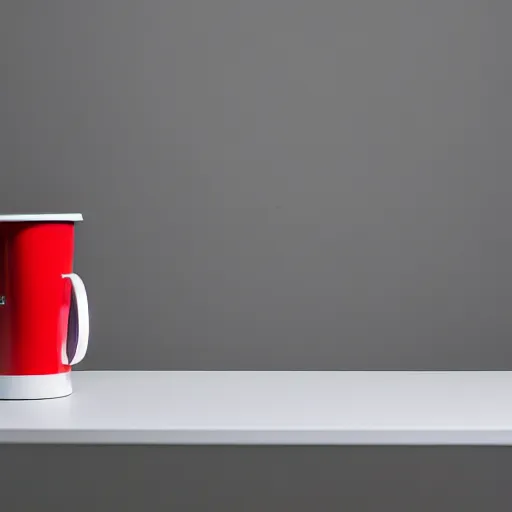 Prompt: an ultra high definition professional studio photograph, 5 0 mm f 1. 4 iso 1 0 0. the photo is set in a plain empty white studio room with a plain white plinth centrally located. the photo depicts a red cup on the plinth in the centre of the image. three point light.
