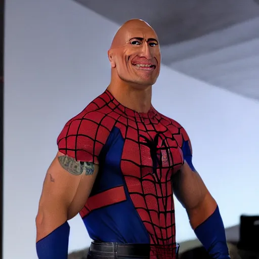 Image similar to dwayne johnson promo on ring wearing spiderman costumes